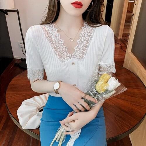 V-Neck White Lace Stitch Short-Sleeved Top Korean Fashion WomenS T-Shirt Female Vintage Clothing Blouses 2021 Kawaii Harajuku