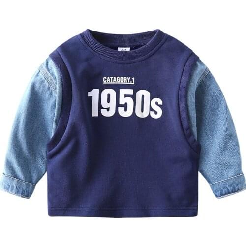 Jean Sleeve Spliced Boys Girls Sweatshirts Cotton Fashion Kids Outwear Spring Fall Childrens Clothes