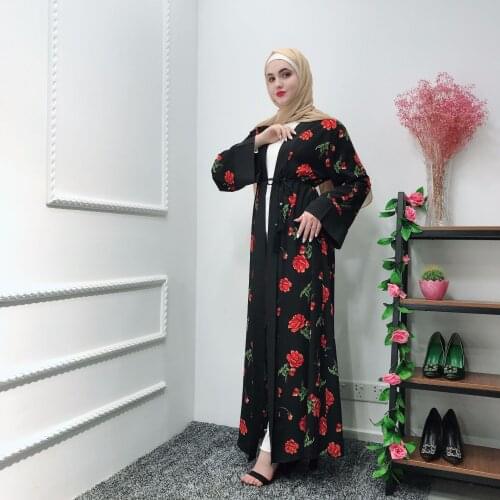 Elegant Muslim Print Abaya Floral Maxi Dress Cardigan Kimono Long Robe Gowns Tunic Jubah Middle East Ramadan Eid Arab Islamic