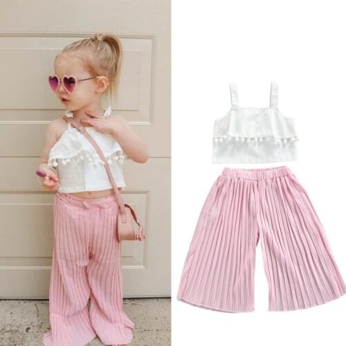 FOCUSNORM 2pcs Summer Lovely Kids Girls Clothes Set Solid Tassel Strapless Vest Tops Wide Leg Pants Outfits 1-5Y