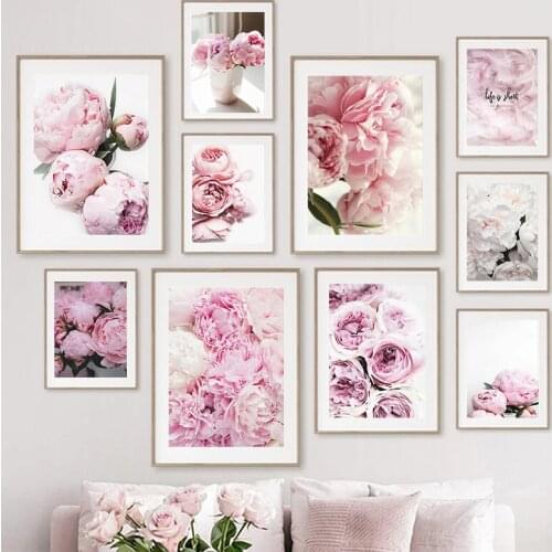 Pink Peony Canvas Painting Poster and Print Flower Letter Nordic Wall Art Floral Room Decor Picture Bedroom Home Decoration