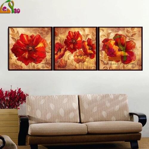 Poppies Triptych 5d DIY Diamond Painting Retro Flower Full Square/Round Drill Diamond Embroidery Cross Stitch Home Decor Kits