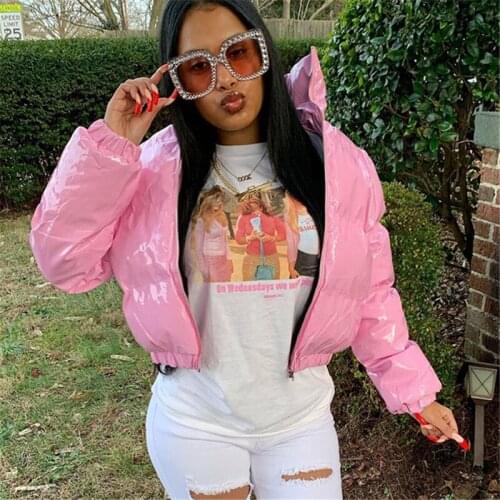 Cute Women PU leather Thick Puffer Coat Winter Warm Cropped Jacket For Women Outwear High Street Zipper Short Parkas Coat