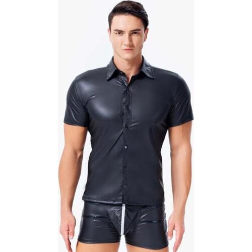 Mens Wetlook Tops Punk Fashion Lapel Buttons Faux Leather Male T-Shirt Night Clubwear Costume Muscle Tight T-shirt Tee Top