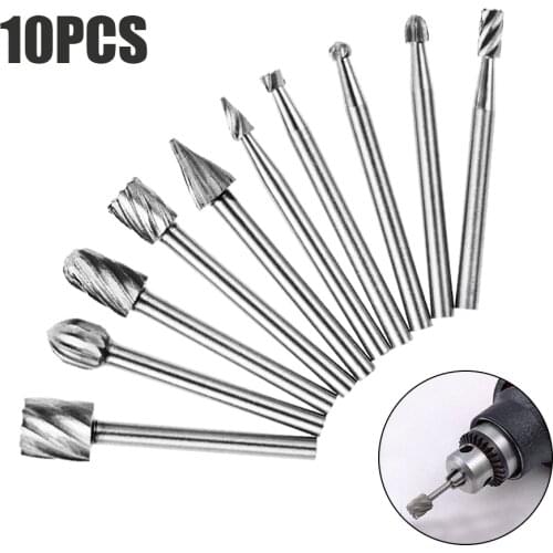 10pcs/set HSS Rotary Routing Bits Burr Router Tools Kit File Woodworker Handmade Root Carving Electric Grinder Engraving Cutter