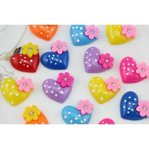 Set of 50pcs 28mm glitter heart w/flower rhinestone cabochon-flat back resin scrapbook Kawaii cameo-Bobby Pins,Pendants-SZ0603