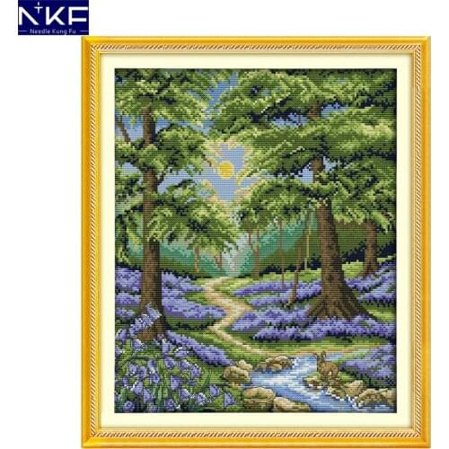 NKF Bluebell Forest Pattern 11CT 14CT DIY Cross Stitch Kits for Embroidery Stamped Kits Wall Decor Needlework Cross Stitch