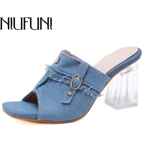 NIUFUNI 2019 New Style Denim Women Slippers Crystal Chunky High Heels Fashion Buckle Peep Toe Sandals Ladies Summer Casual Shoes