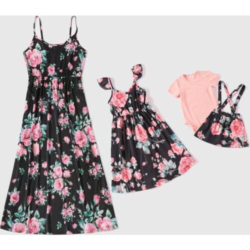 Family Matching Outfits Print Mother and Daughter Dress Women Girls Sleeveless Floral Long Dress Baby Girl T Shirt+Skirt Clothes