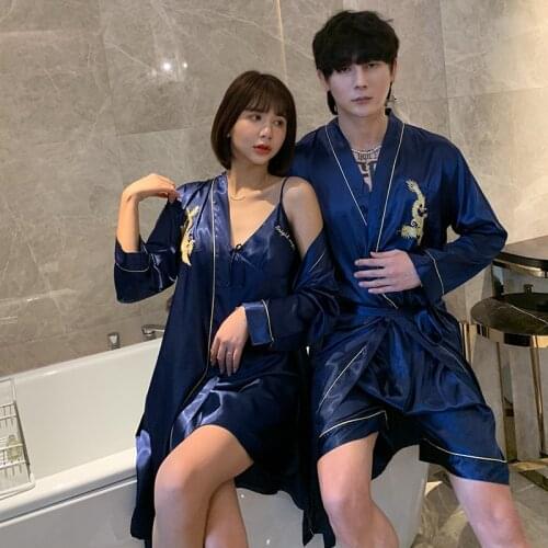 Couple Summer Pajamas Men Silk Robe Gown Suits Set Long Sleeve Shorts Robe Phoenix Dragons Couple Satin Bathrobe Silk Kimono