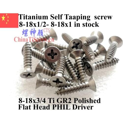 Titanium screws 8-18x3/4 Flat CSK Head Self Tapping TI GR2 Polished 50 pcs