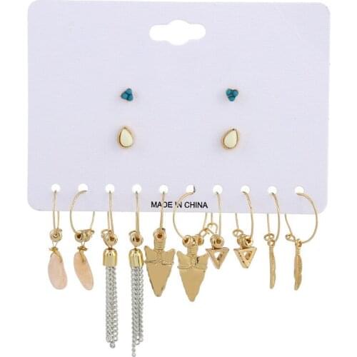 7 Pairs/Set Alloy Gold Color Mixed Hoop Earrings Vintage Chain Triangle Feather Stone Earring Set For Women Brincos