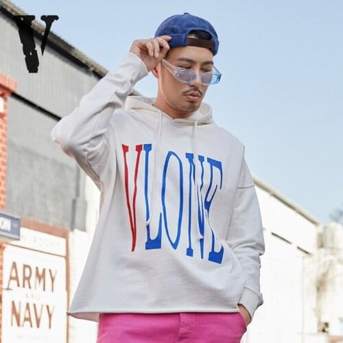 VLONE Hoodies Sweatshirts women red big V cotton hem destruction loose round neck hoodie mens trendy street hip-hop