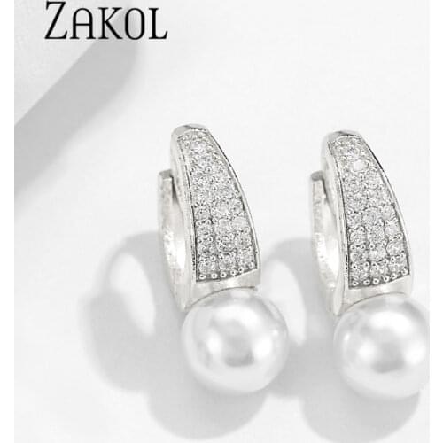 ZAKOL Fashion Tiny CZ Zircon Pave & Round Simulated Pearl Hoop Earrings for Women Newly Issued Wedding Jewelry FSEP2463