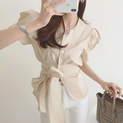 2021 Summer Minimalism O Neck Lace Up Puff Short Sleeve Bow Bandage Blouse Single-breasted Casual Retro Blusas Mujer