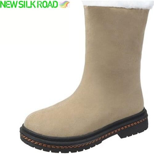 Retro New Women Mid Ankle Boots Warm Plush Fur Winter Booties Nubuck Suede Ladies Chunky Ridding Wool Snow Botas De Mujer Female