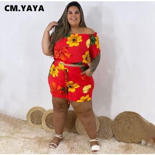 CM.YAYA Women Plus Size Set Floral Off Shoulder Short Sleeve Crop Tops Straight Shorts Two 2 Piece Sets Tracksuit Summer Outfits