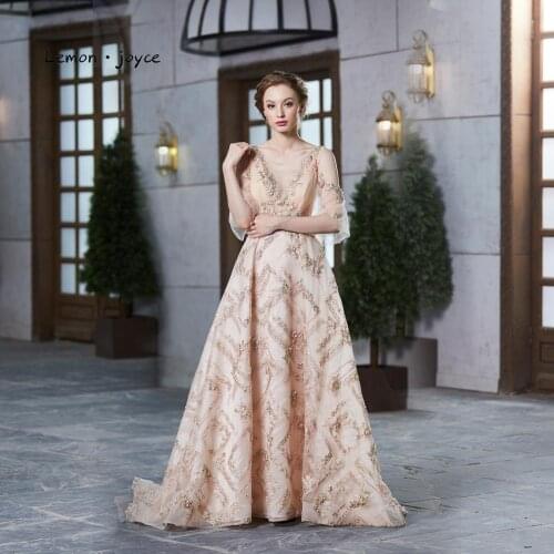 Lemon joyce Champagne Evening Dresses Long 2020 Sexy O-neck Backless A-line Party Evening Gowns Plus Size