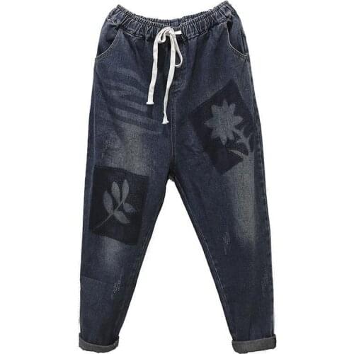 2021 Casual Jeans Plus Size Spring New Arts Style Women Elastic Waist Cotton Denim Harem Pants Vintage Flower Loose