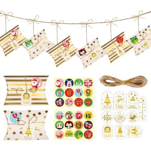 24Sets Christmas Pillow Shape Gift Box Bronzing Dot Stripe Candy Boxes with Number Stickers Tag Xmas Party DIY Wrapping Supplies