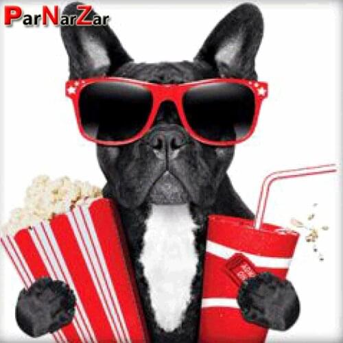 ParNarZar 5D Diamond Painting Full Drill Kit Rhinestone Picture Art Craft for Home Wall Decor Black Bulldog Holding Popcorn Cola