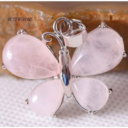 Natural Stone Bead Pink Quartz Crystal Women Butterfly Necklace Pendant 1Pcs K469