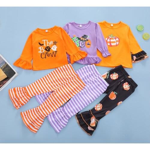 Infant Kids Baby Girls Halloween Clothes Set, Letter Print Long Sleeve O-neck Tops + Elastic Waist Striped Flared Trousers 1-6T