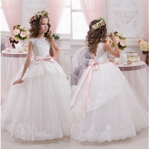 Kids Flower Girl Dresses For Wedding Pink Sash Lace Sheer Tulle V Back Baby Costume Newborn Girls Dress Pageant Gown Vestidos