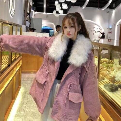 JuneLove Women Winter faux fur Warm Corduroy Coat Vintage Loose Female Thickened Lamb Parkas Lady Street Pockets Jacket Outwears