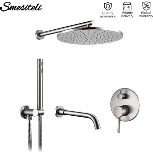 Bath 8-12" Shower Head System Kit Brushed Stainless Steel Rain fall Brass Diverter Mixer Tap Set Hand held Wall Arm Valve