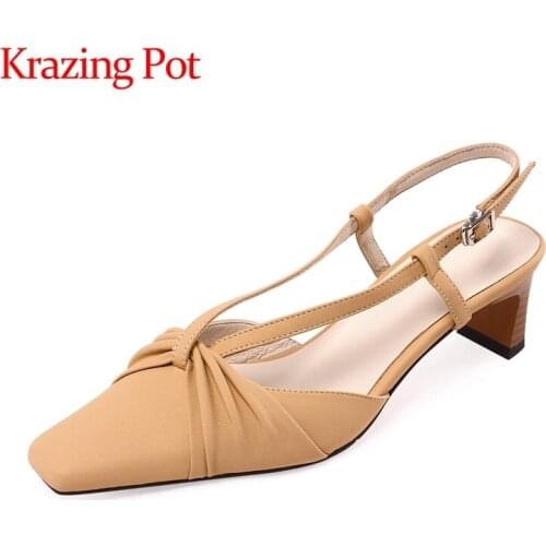 Krazing pot new genuine leather square toe shallow pleated high fashion dance party buckle straps summer mules sandals women L13