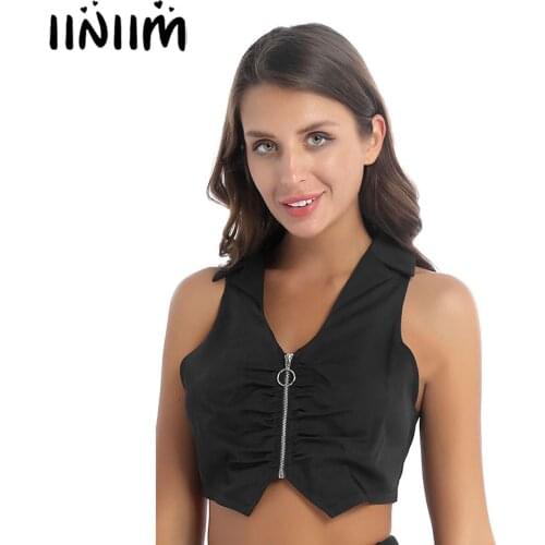 Women Girls Lapel Sexy Deep V-Neck Sleeveless Crop Tops Summer Fashion Slim Fit Front Zipper Ruched Tank Top Streetwear Clubwear