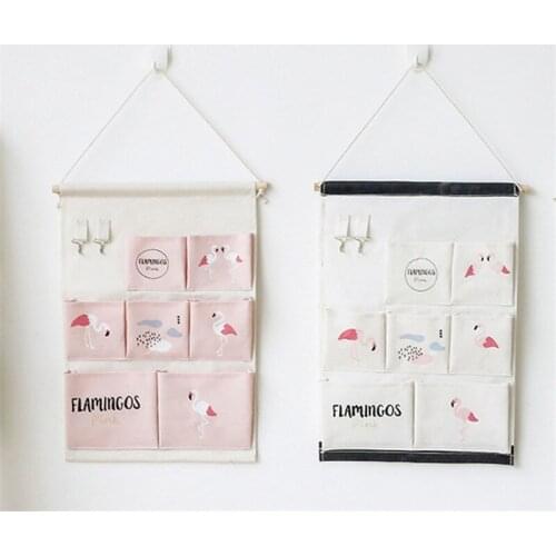 Flamingo 7 Pockets Wall Hanging Storage Bags Cotton Linen Door Organizer Waterproof Pouch Bedroom Home Wall Decoration