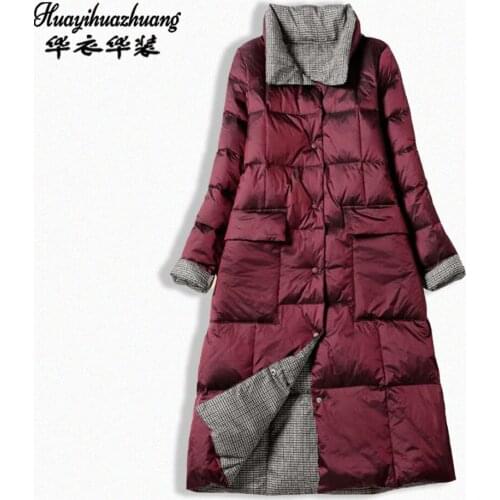 2020 new Duck Down Jacket Women Winter Long Thick Double Sided Plaid Coat Plus Size Warm Double Breasted Snow Down Parka
