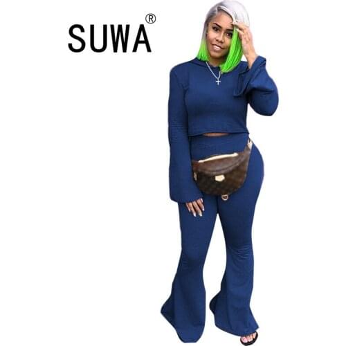 Solid Color Long Sleeve Sweatshirt Top And High Waist Flare Pants Trousers Sexy Club 2 Pieces Outfits For Women Matching Sets