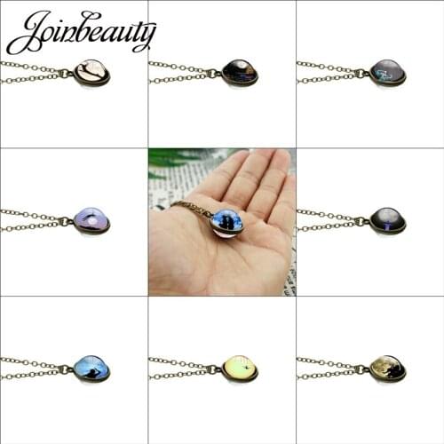 JOINBEAUTY Galaxy Moon Picture Pendant Charm Necklace Double Sided Glass Long Chain Necklaces Fashion Men Women Jewelry MO33