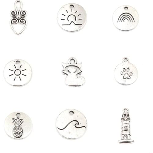 DoreenBeads Zinc Based Alloy Charms Round Rainbow Pineapple Cat Shaped Antique Silver Color Pendants DIY Making Jewelry,50PCs