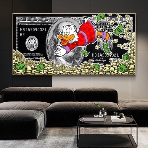 Disney Donald Duck Diving On Coin Dollar Funny Art Poster And Prints Canvas Wall Painting For Home Decorative Mural Pictures