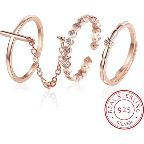 Real 925 Sterling Silver Zirconia Cross Chain Opening Ring Set For Women Party Bohemia Fine Jewelry Geometric Ring Accessories