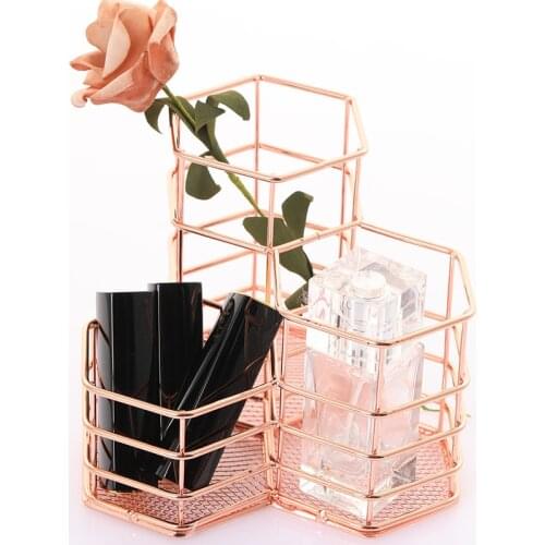 Hexagonal combination pen holder rose gold iron art storage tube Hexagonal finishing debris storage basket pen holder
