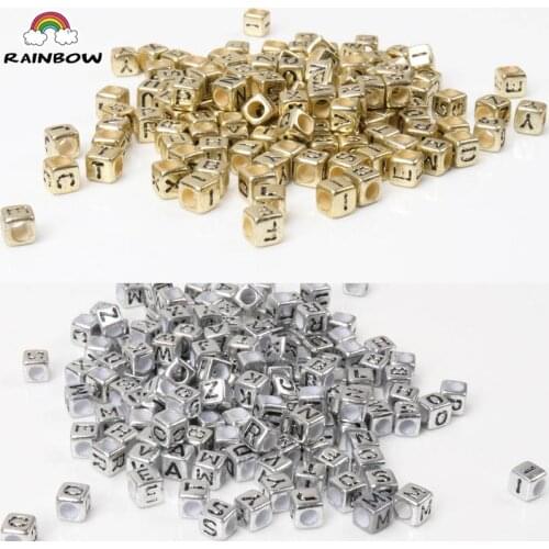 Mixed Gold And Sivler Square Shape Acrylic Russian Alphabet Letter Flat Cube Beads For Jewelry Making 6x6mm 200pcs YKL0513X-RH