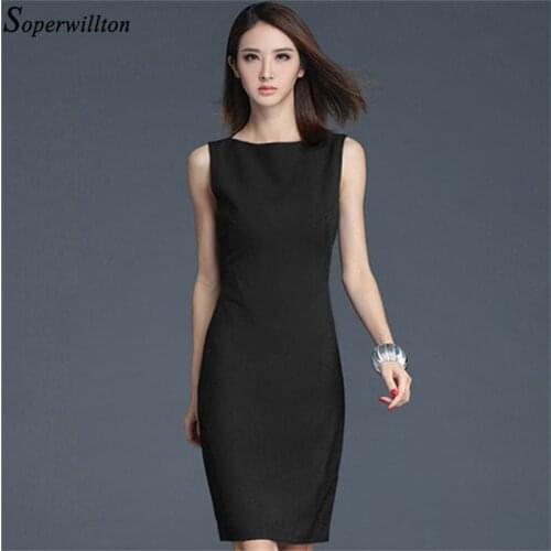 Soperwillton 2020 New Office Dress Summer Dresses Women Elegant O-neck Sleeveless Work Wear Sheath Bodycon Dress S-2XL #BD727
