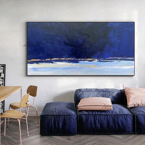 Modern Large Living Room Decoraed With Paintings New Arrival Handmade Patchwork Of Dark And Light Blue Unframed Custom Artwork