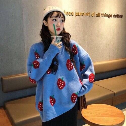 Strawberry Sweater Women Oversize Knitted Tops Pullover Korean Style Loose Print Jumpers Long Sleeve Streetwear Women Sweater