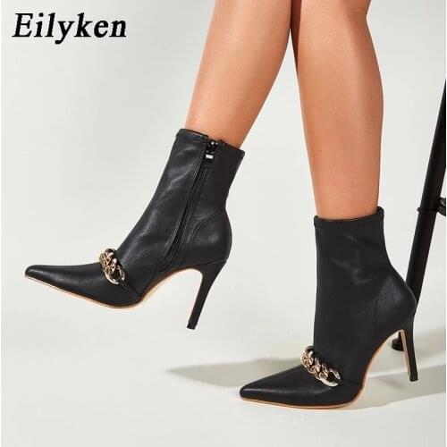 Eilyken 2021 Spring High Quality Soft PU Leather Boots Women Pointed Toe Chain Pumps Heels Fashion Ladies Party Shoes