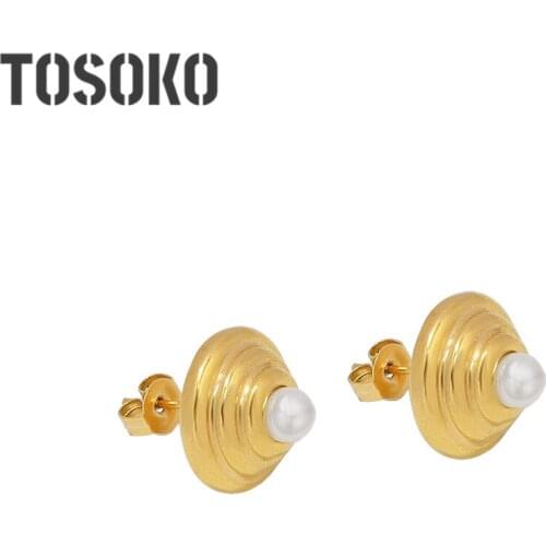 TOSOKO Stainless Steel Jewelry 18 K Gold Thread Pearl Earrings Womens Fashion Straw Hat Earrings BSF511