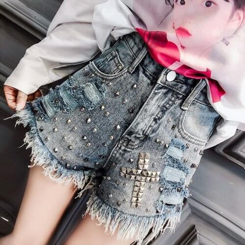 2019 Women Casual Punk Jeans Shorts High Elastic Rivet Denim Shorts Ladies Button Tassel Ripped Loose Shorts