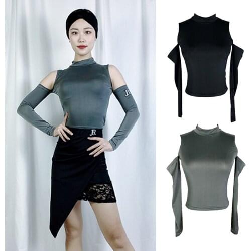 New Latin Dance Tops Adult Long Sleeve High Neck Sexy Practice Clothes For Women Modern Ballroom Dance Wear Short Tops DNV14492