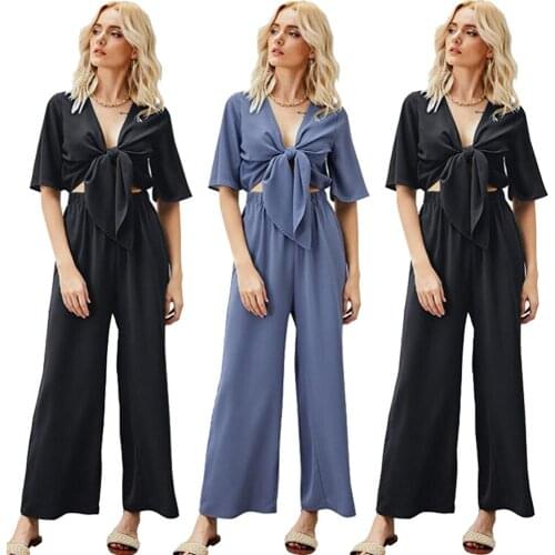 Elegant Summer Casual Loose Women Suits 2 Pieces Solid Color Cropped Tops V-neck Lace Up Wide Leg Pants Tracksuits Set Fashion