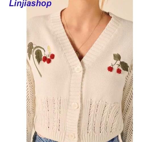 Women Sweater 2021 Autumn and Winter New Hollow Long-sleeved V-neck Small Cherry Wool Knitted Cardigan Women